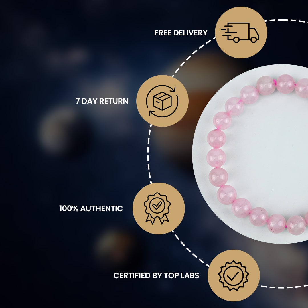 Rose Quartz Bracelet showcasing authenticity, certification, and delivery details