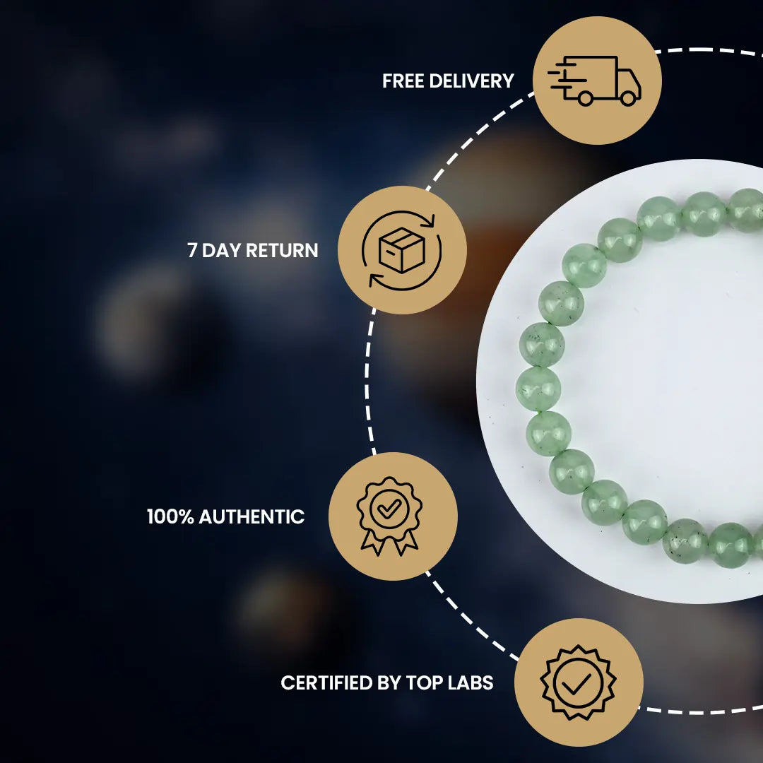 Green Aventurine Bracelet showcasing authenticity, certification, and delivery details
