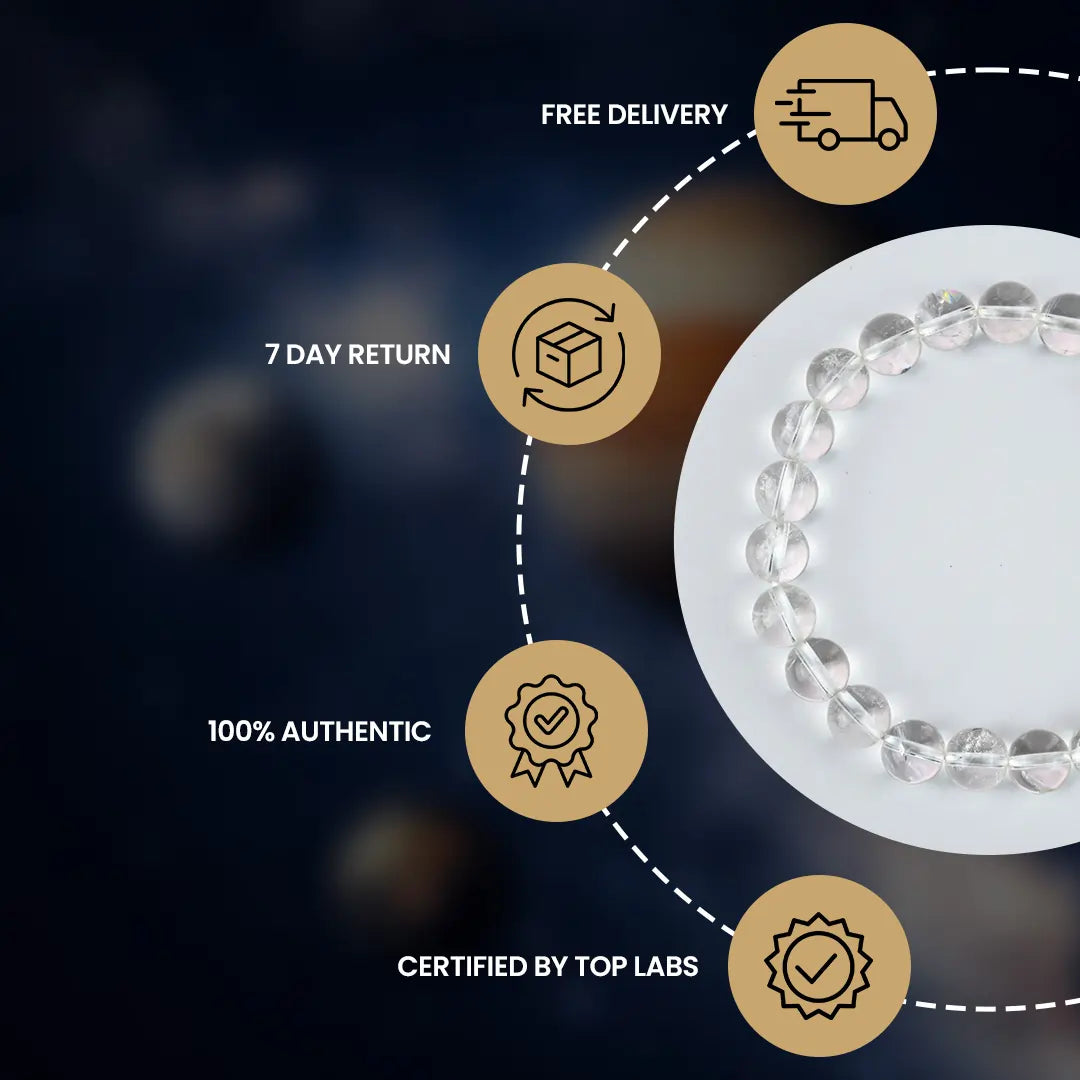 Sphatik Crystal Bracelet showcasing authenticity, certification, and delivery details