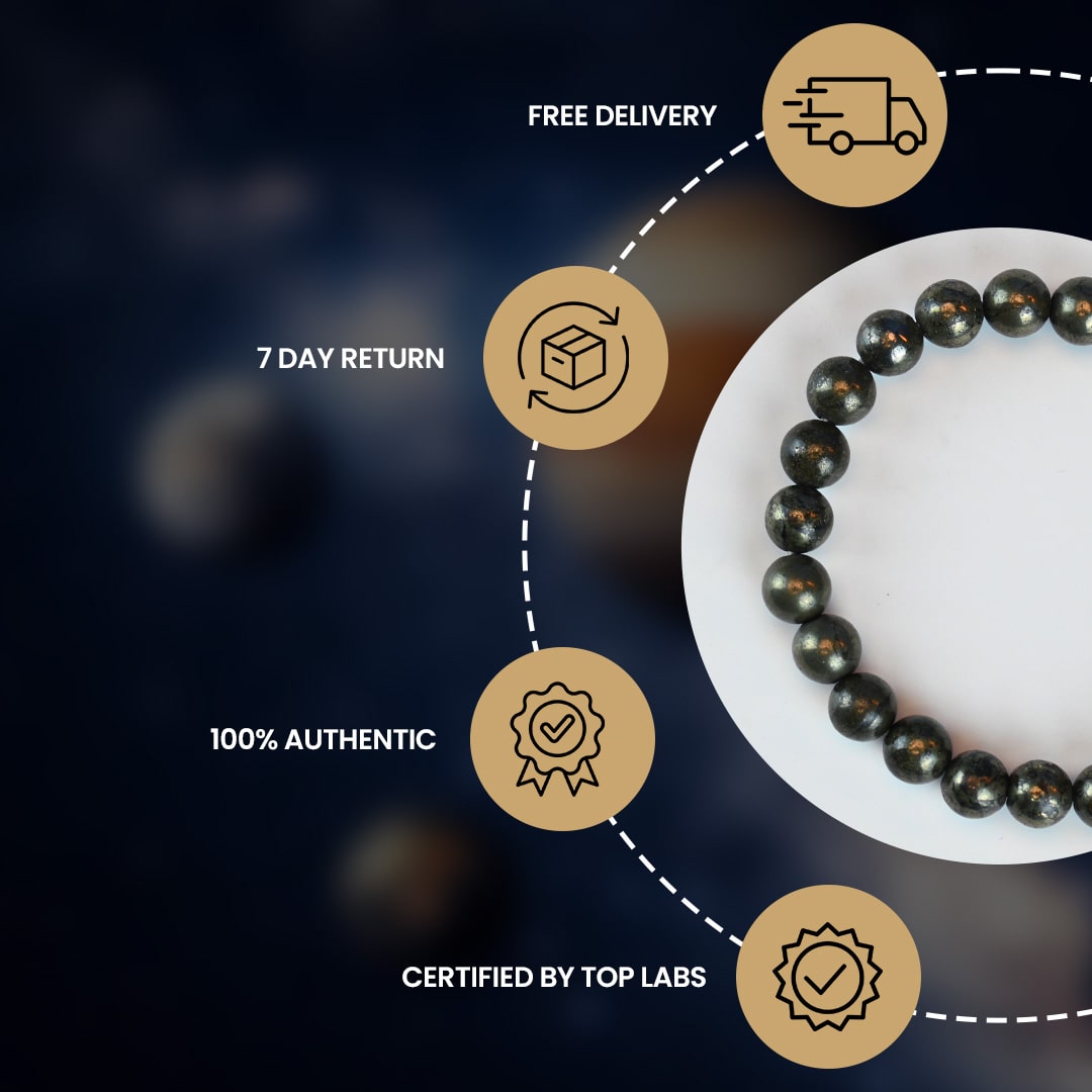 Vrishta Pyrite Bracelet showcasing authenticity, certification, and delivery details