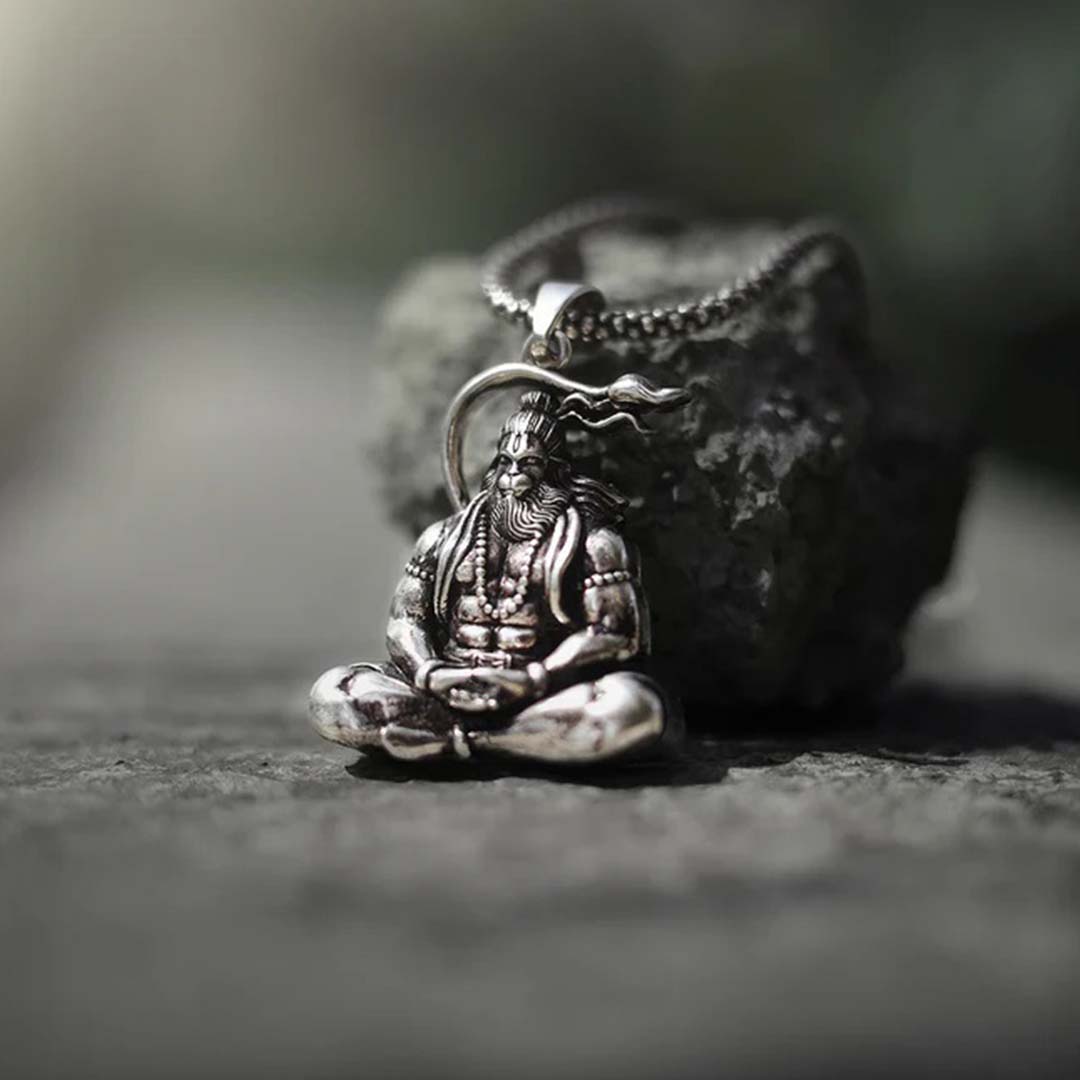 Meditating Hanuman Ji Silver Plated Pendant With Chain
