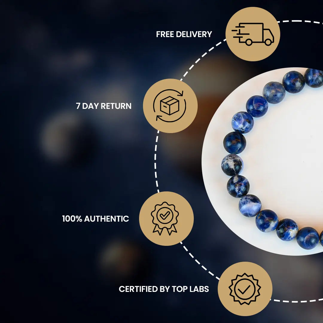 Sodalite Bracelet showcasing authenticity, certification, and delivery details
