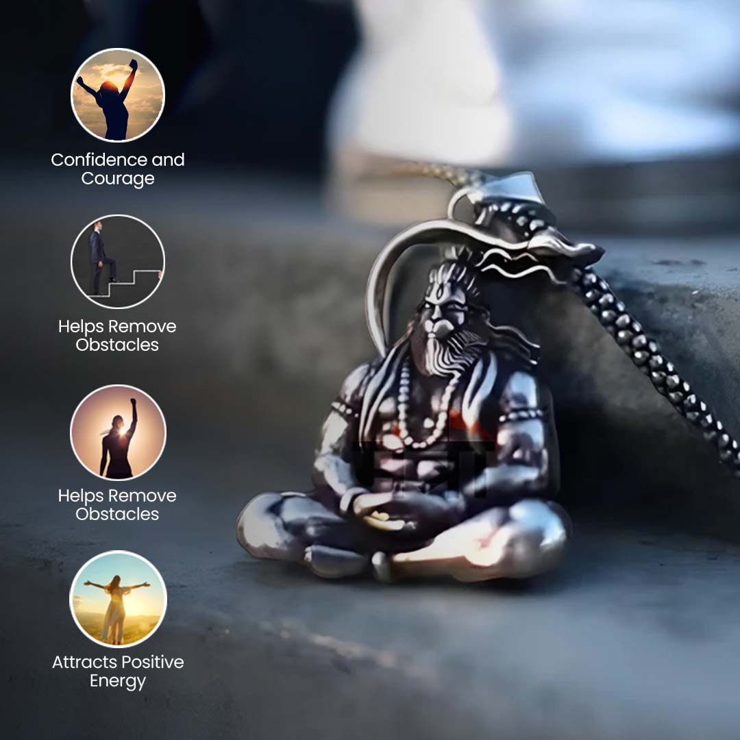 Meditating Hanuman Ji Silver Plated Pendant With Chain