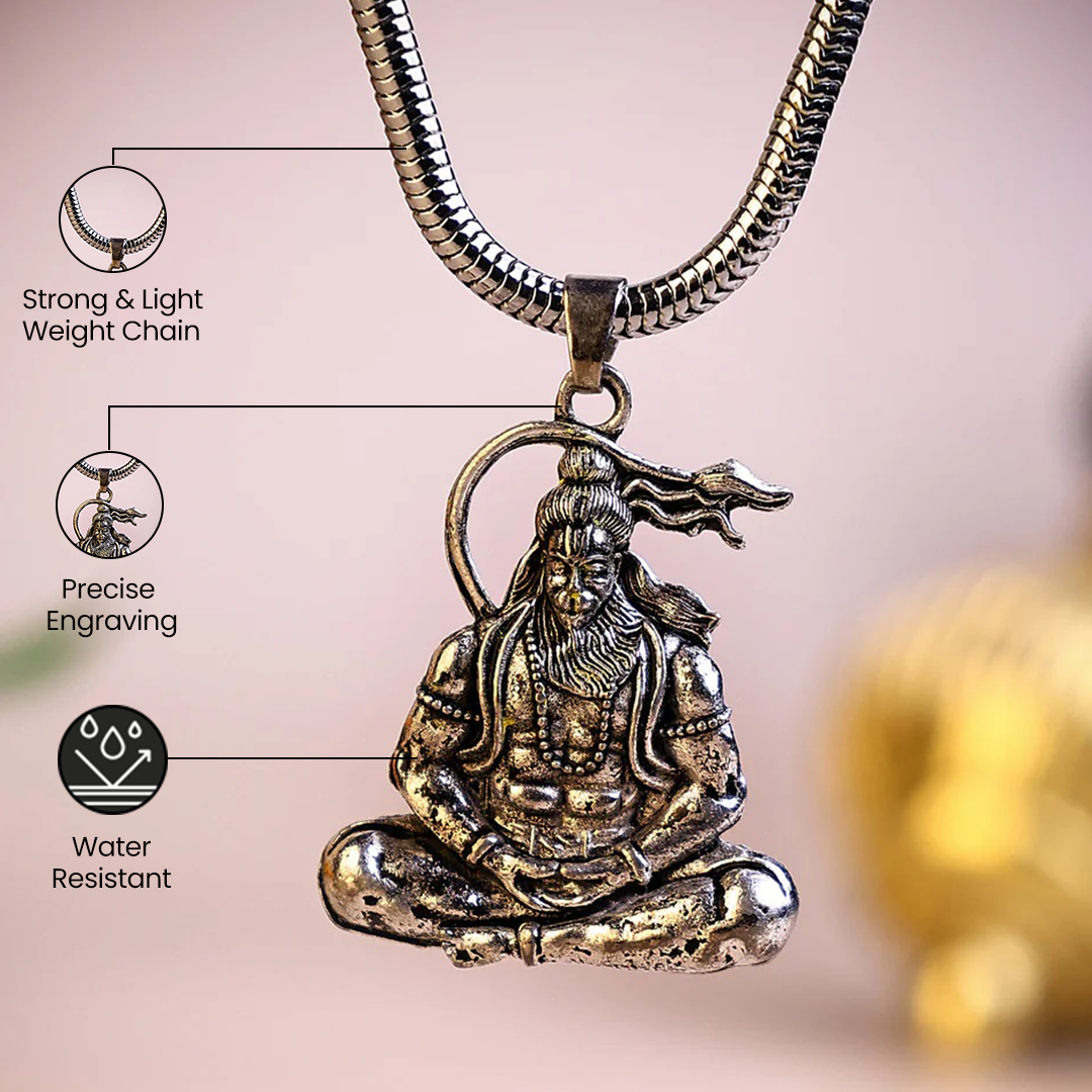 Meditating Hanuman Ji Silver Plated Pendant With Chain