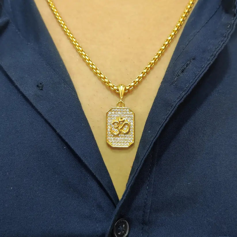 Close-up view of man wearing Vrishta Om 22K Gold Plated Diamond Studded Pendant