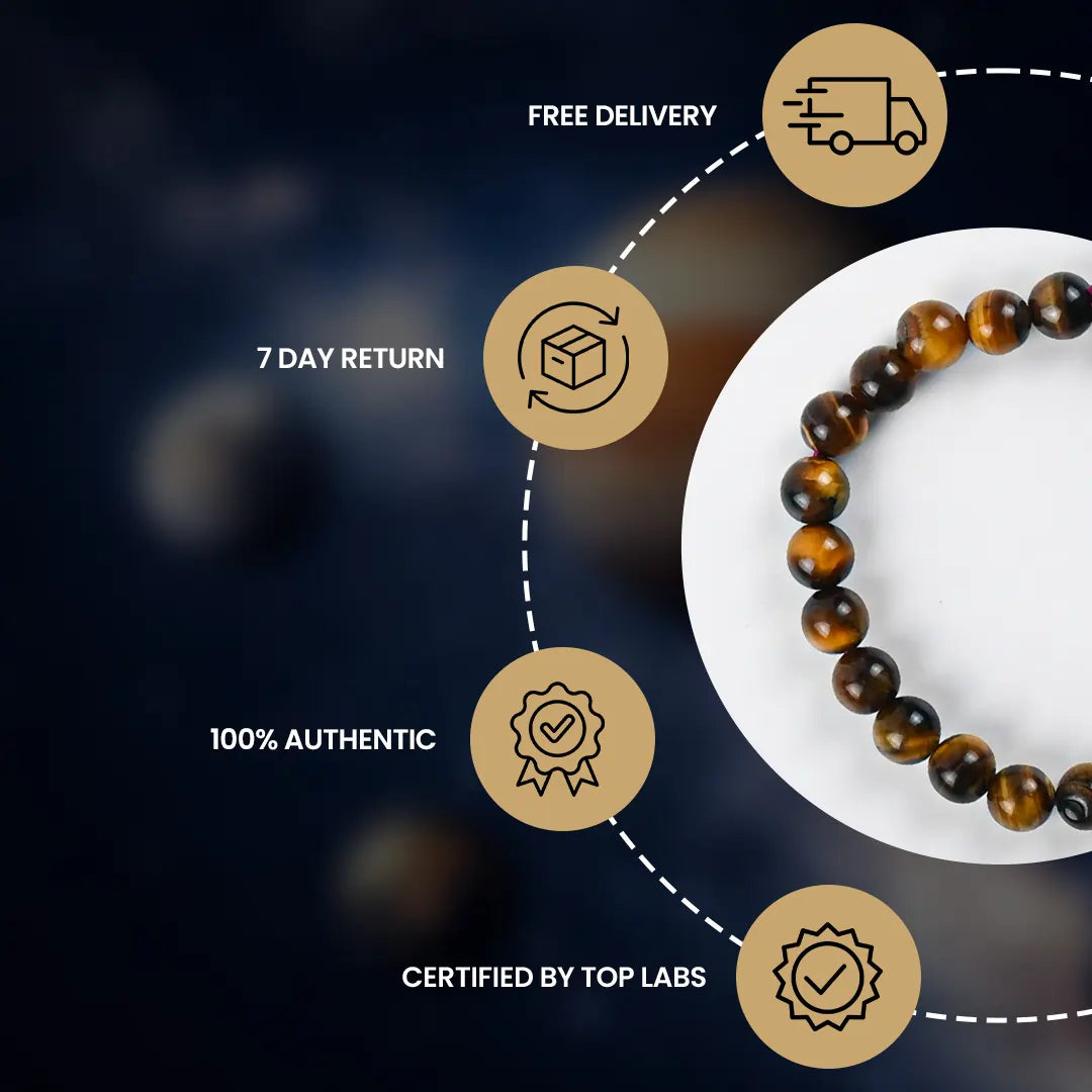 Tiger Eye Bracelet showcasing authenticity, certification, and delivery details