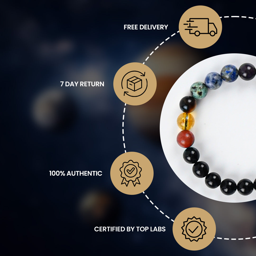 7 Chakra Black Tourmaline Bracelet showcasing authenticity, certification, and delivery details