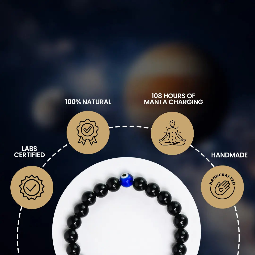 7 Chakra Black Onyx Evil Eye Bracelet with lab certification, 108 hours of mantra charging, and handmade authenticity