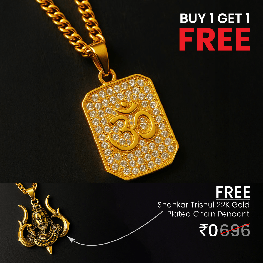 Vrishta Shining Om 22K Gold Plated Diamond Studded Chain Pendant