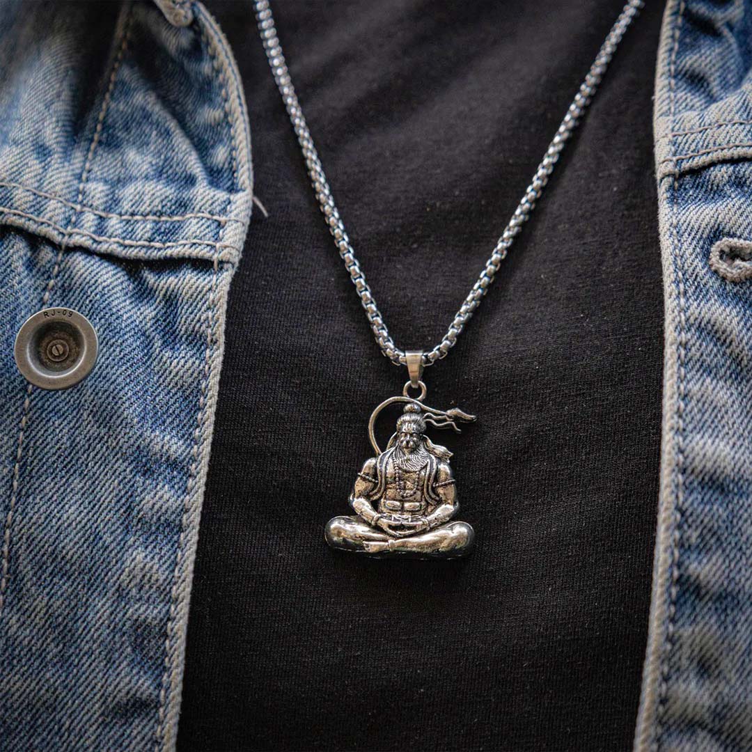 Meditating Hanuman Ji Silver Plated Pendant With Chain