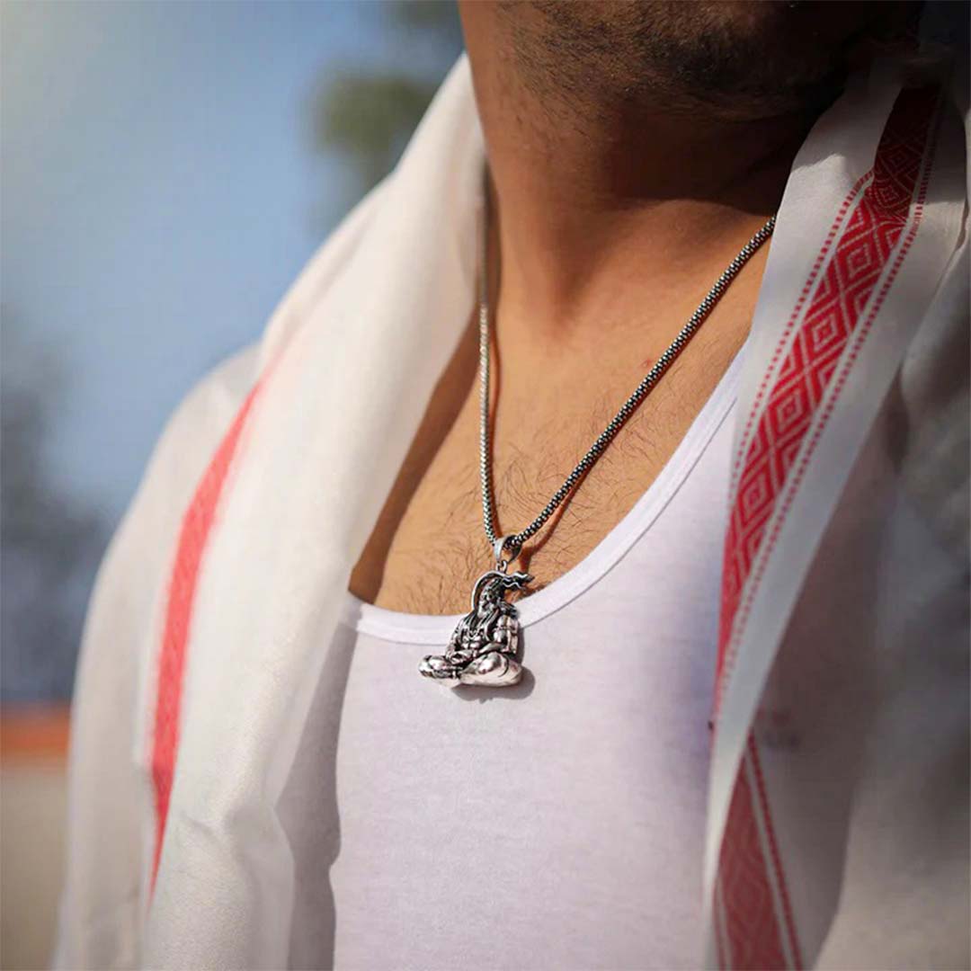 Meditating Hanuman Ji Silver Plated Pendant With Chain