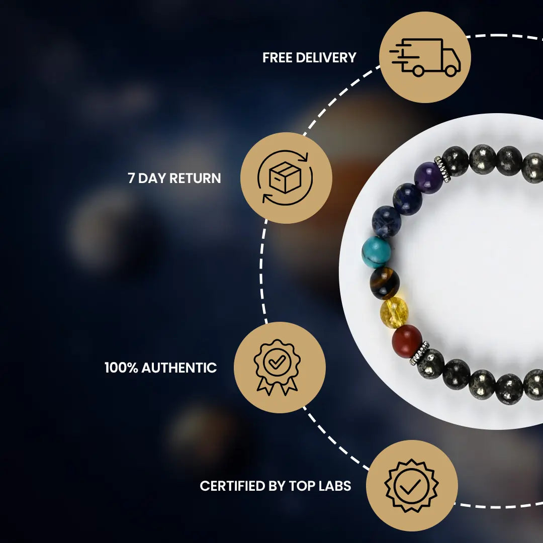 7 Chakra -Pyrite Bracelet showcasing authenticity, certification, and delivery details