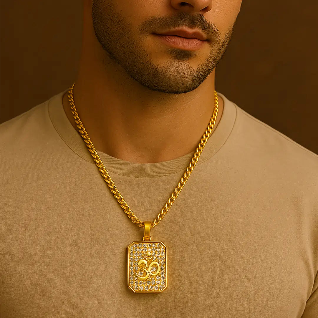 Man wearing Vrishta Shining Om 22K Gold Plated Diamond Studded Pendant