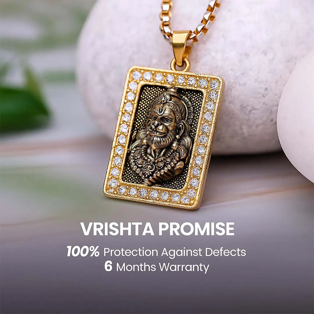Vrishta 6-Month Warranty Promise for Hanuman Ji Diamond-Cut Border 22K Gold Plated Chain Pendant