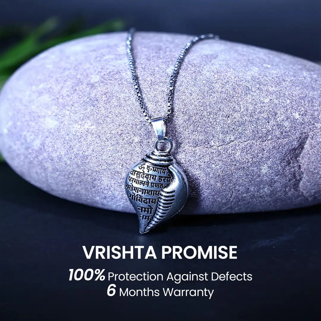 Vrishta 6-Month Warranty Promise for Vasudevaya Mantra Shankh Sterling Silver Coated Chain Pendant