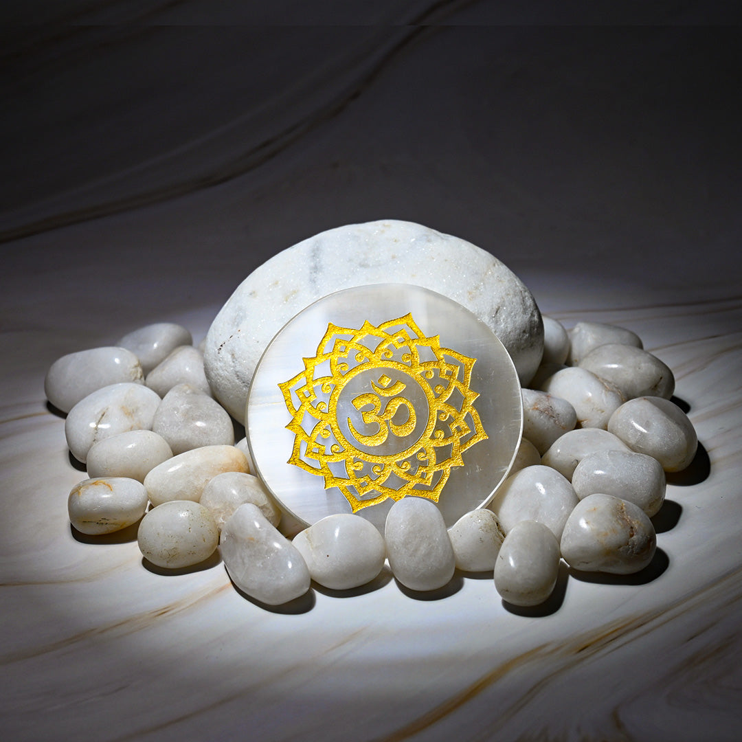 Vrishta Selenite 3" Plate circle with Golden Om