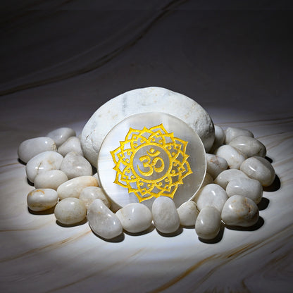 Vrishta Selenite 3" Plate circle with Golden Om