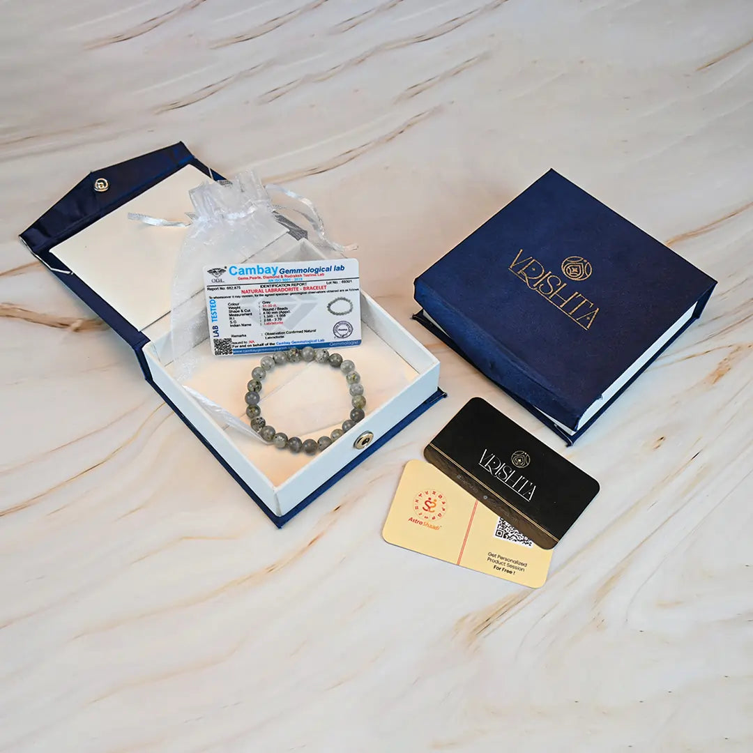 Vrishta Labradorite Bracelet in  premium Kappa box with stone certificate and thank you card