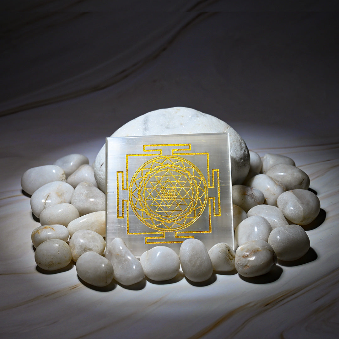 Vrishta Selenite Plate with Golden Shri Yantra