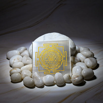 Vrishta Selenite Plate with Golden Shri Yantra