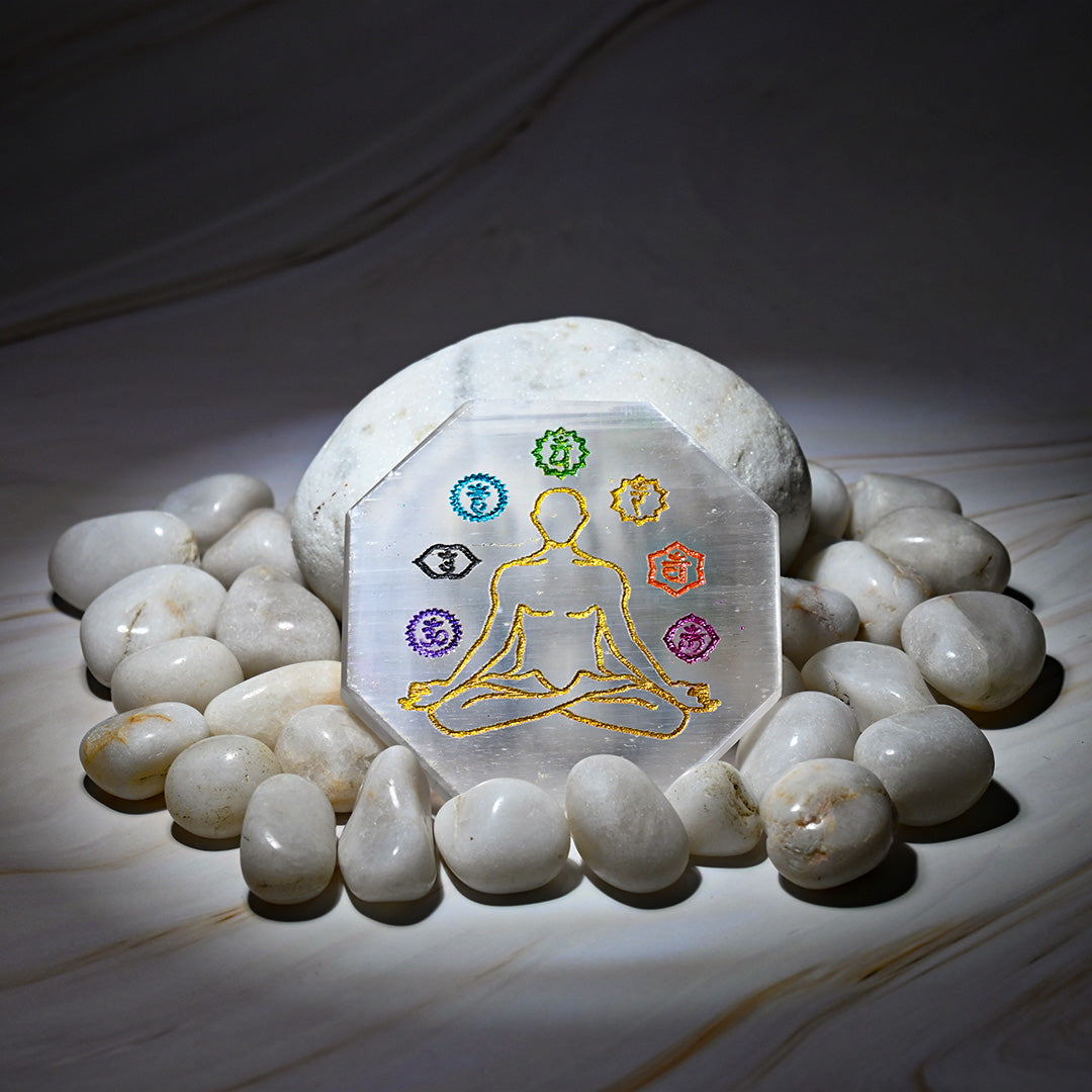Vrishta Selenite Charging Plate with 7 Chakra Symbols
