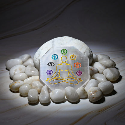 Vrishta Selenite Charging Plate with 7 Chakra Symbols