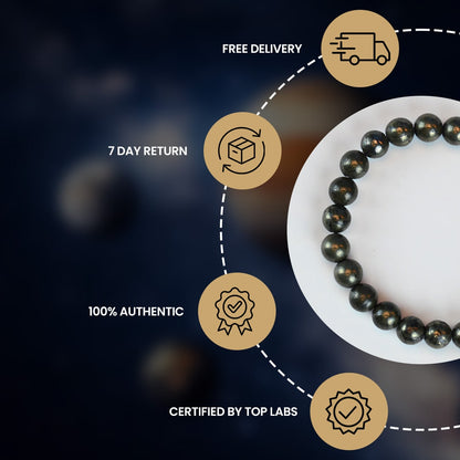 Vrishta Pyrite Bracelet showcasing authenticity, certification, and delivery details