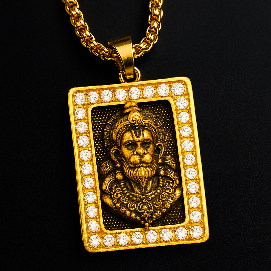 Vrishta Hanuman Ji Diamond-Cut Border 22K Gold Plated Chain Pendant