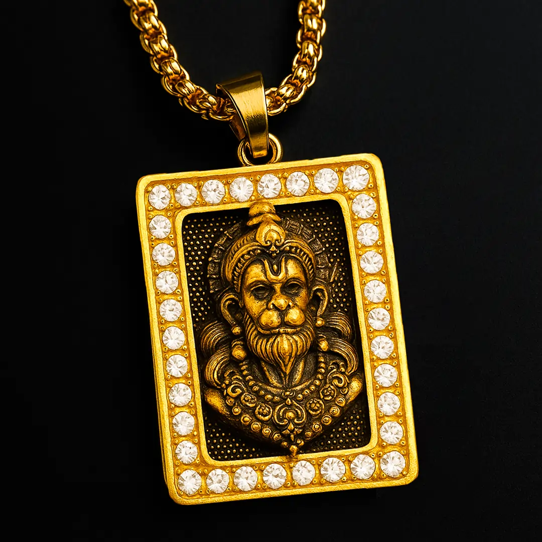 Vrishta Hanuman Ji 22K Gold Plated Chain Pendant with Diamond-Cut Border
