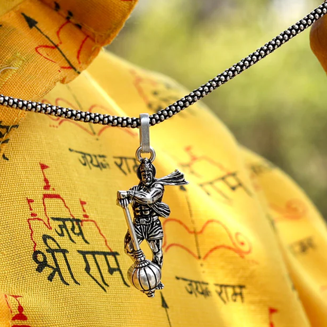 Vrishta Hanuman Ji With Gada Sterling Silver Coated Chain Pendant