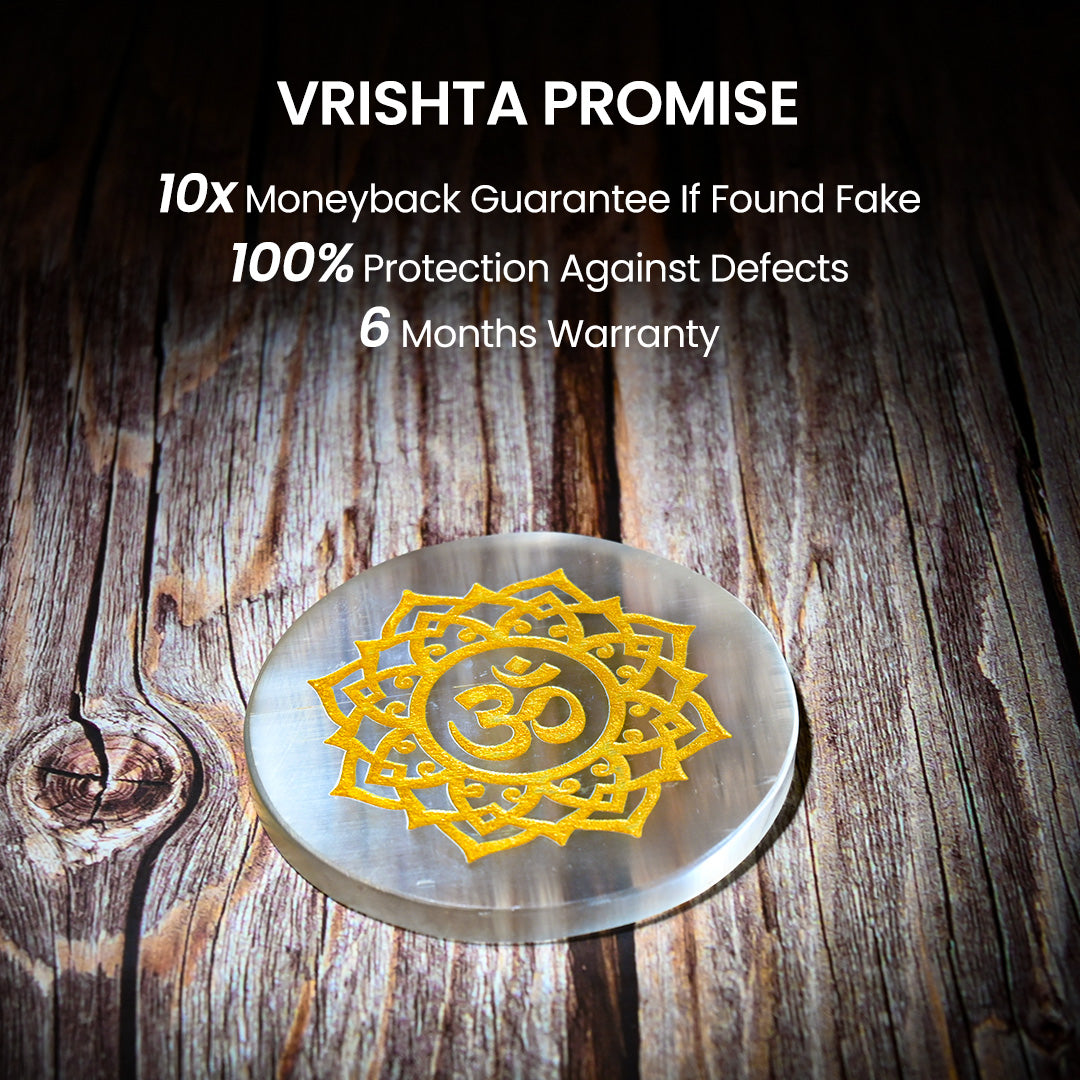 Vrishta Selenite 3" Plate circle with Golden Om