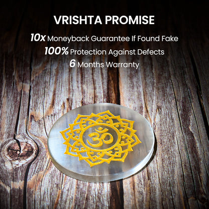 Vrishta Selenite 3" Plate circle with Golden Om