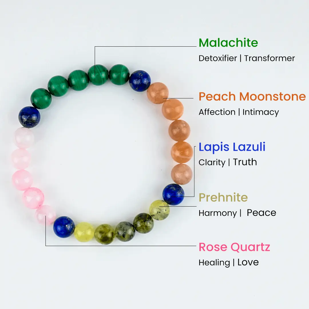 Certified and activated Bond Booster Bracelet with Peach Moonstone, Rose Quartz, Prehnite and Malachite