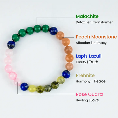 Certified and activated Bond Booster Bracelet with Peach Moonstone, Rose Quartz, Prehnite and Malachite