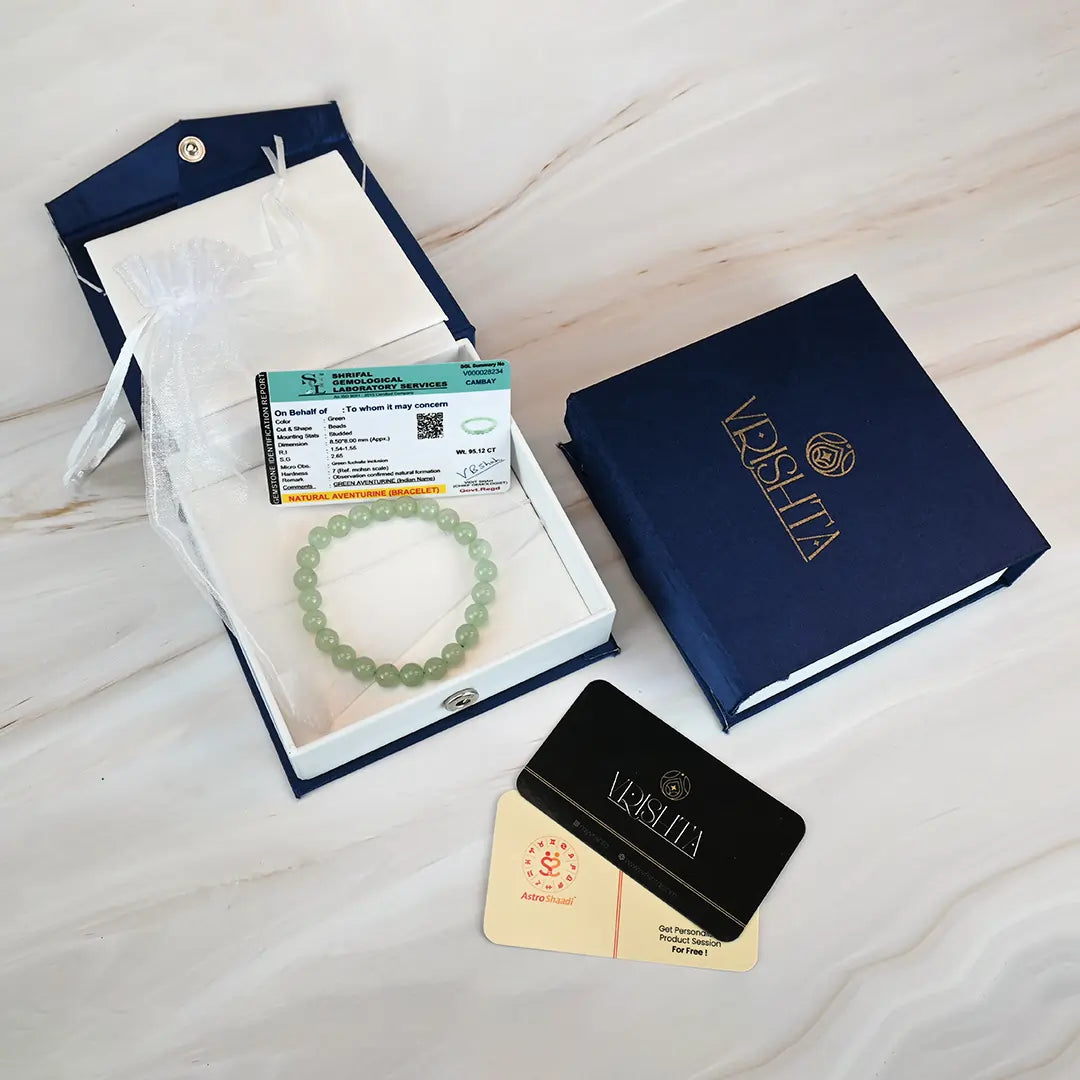 Vrishta Green Aventurine Bracelet in premium Kappa box with stone certificate and thank you card