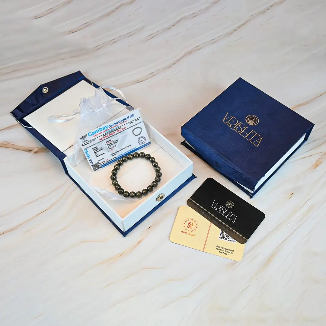 Pyrite Bracelet in Vrishta premium Kappa box with stone certificate and thank you card
