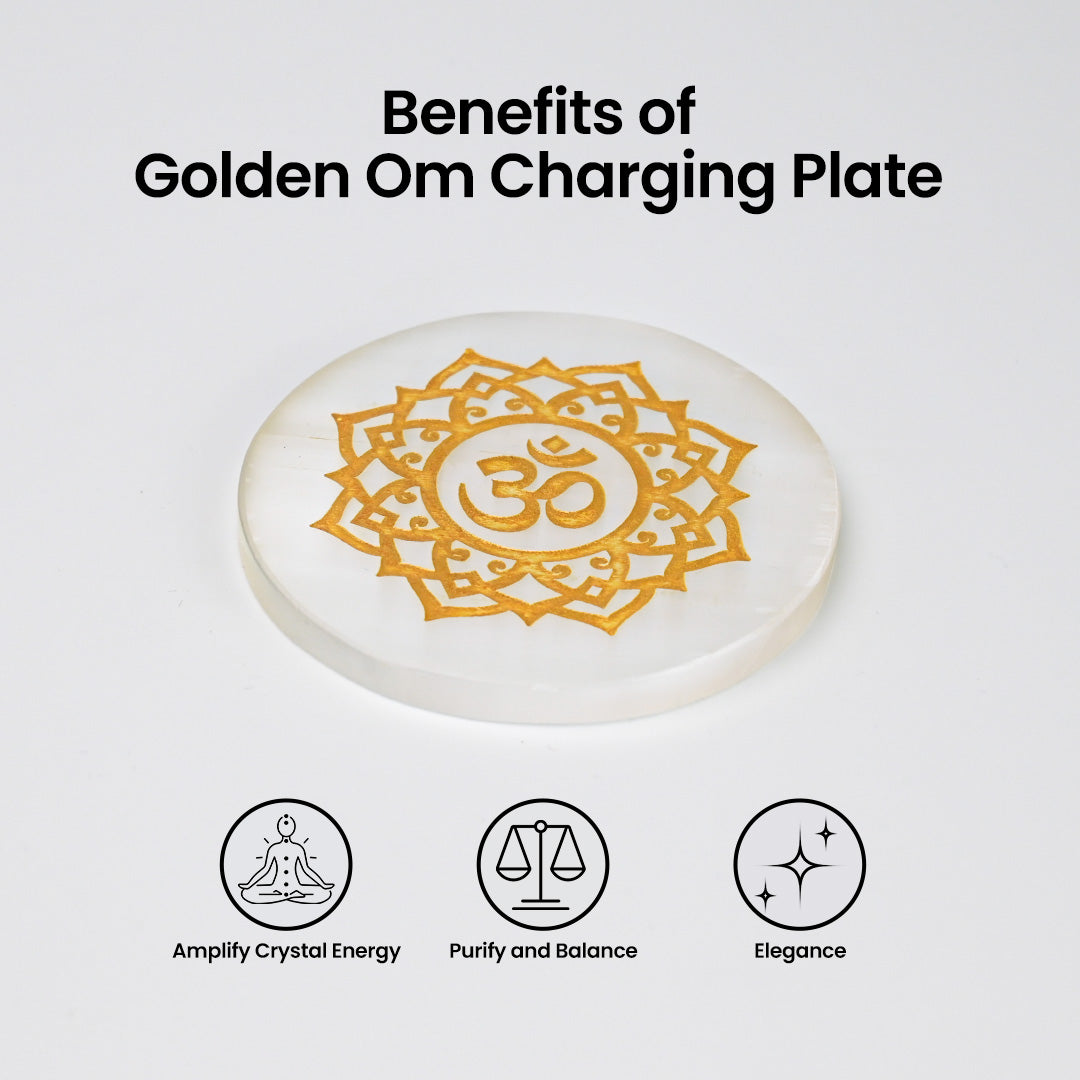 Vrishta Selenite 3" Plate circle with Golden Om