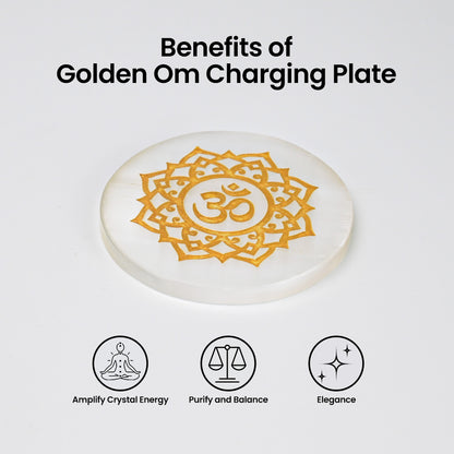 Vrishta Selenite 3" Plate circle with Golden Om