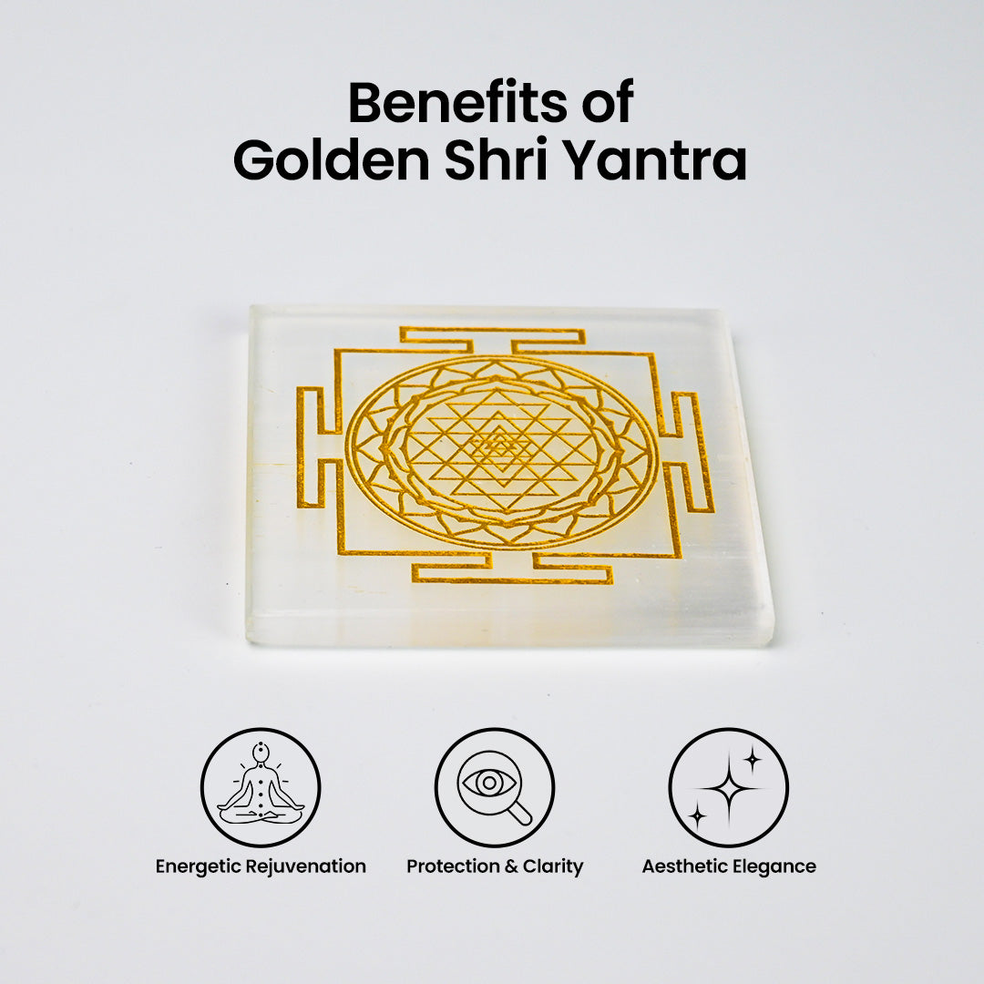 Vrishta Selenite Plate with Golden Shri Yantra