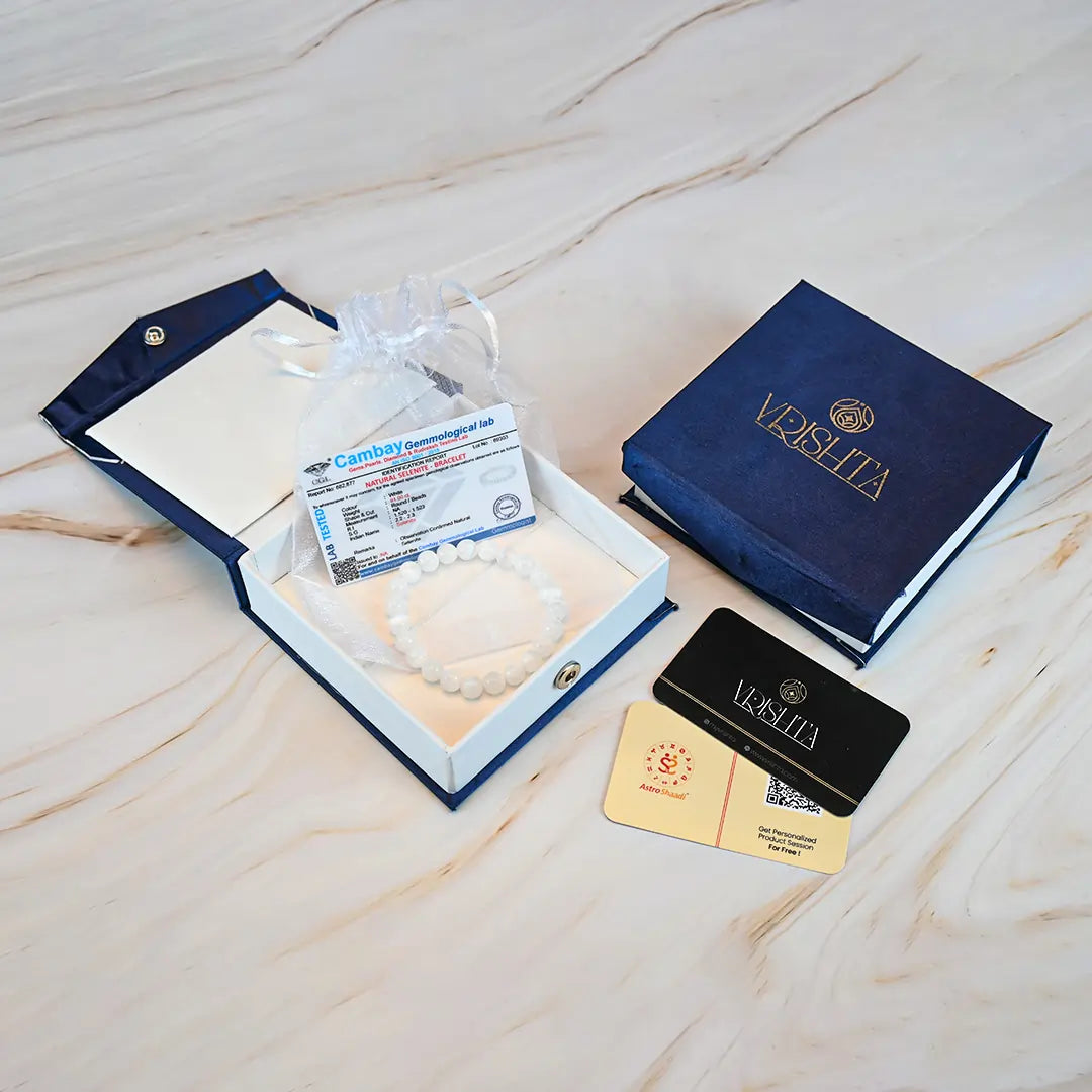 Vrishta Selenite Bracelet in premium Kappa box with stone certificate and thank you card