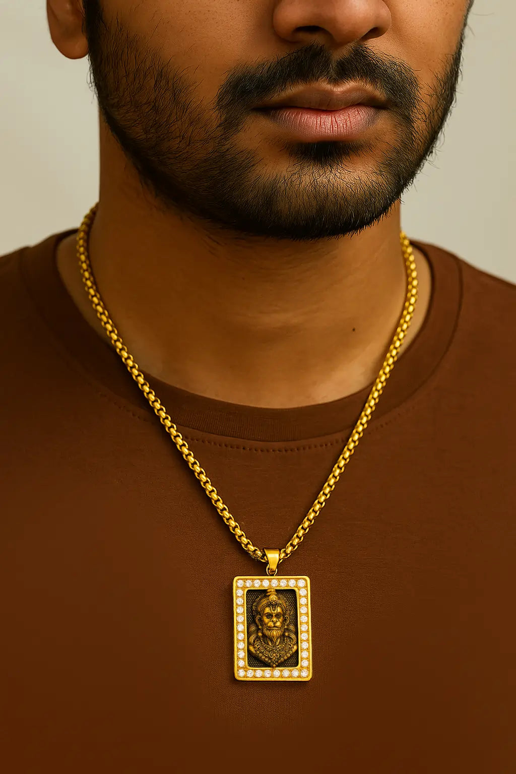 Man wearing Vrishta Hanuman Ji 22K Gold Plated Chain Pendant with Diamond-Cut Border