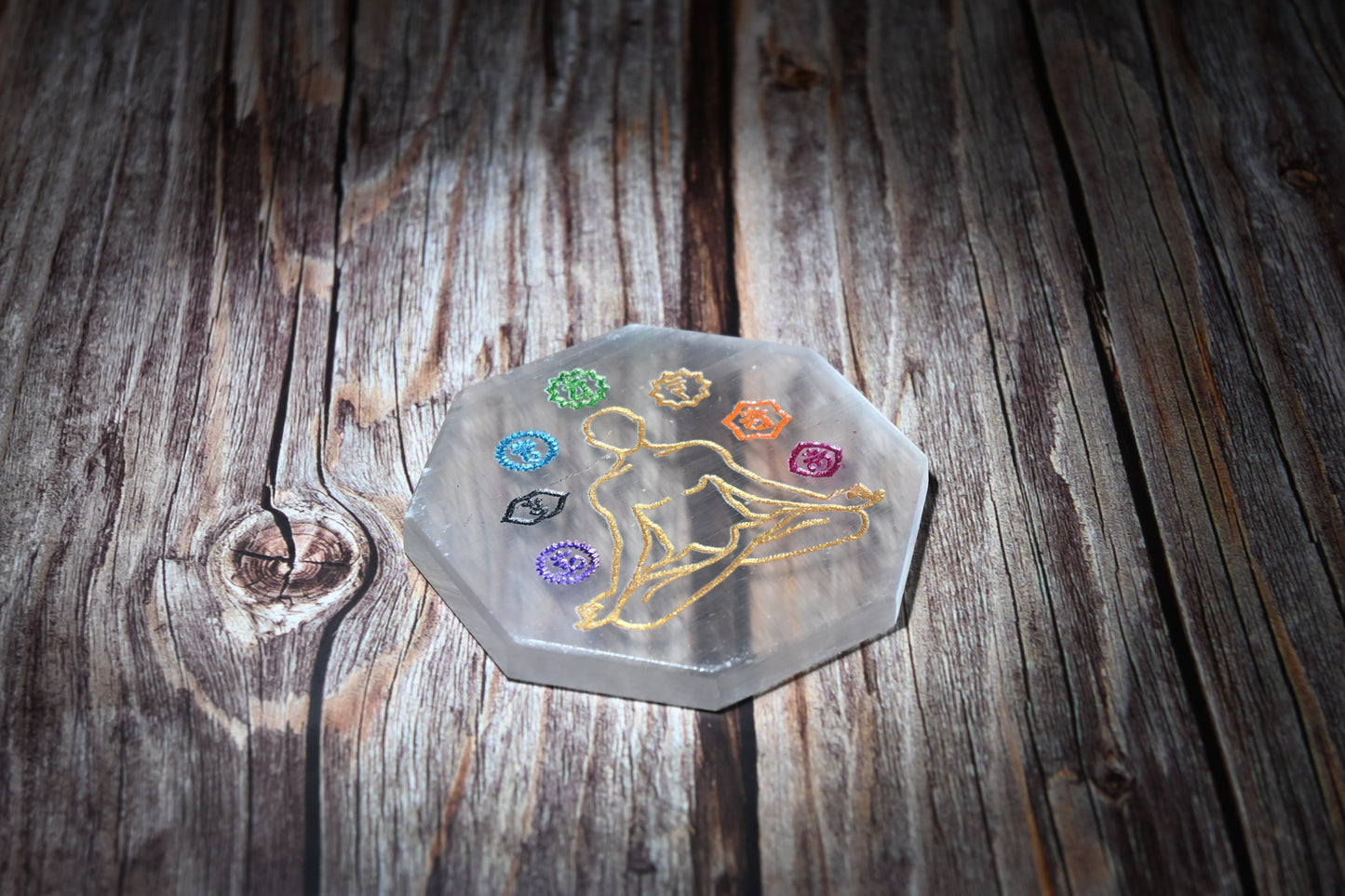 Vrishta Selenite Charging Plate with 7 Chakra Symbols