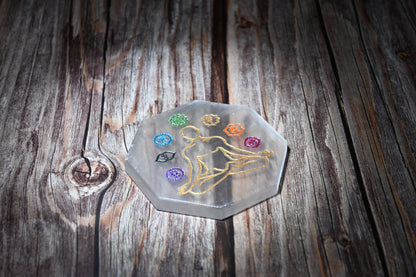 Vrishta Selenite Charging Plate with 7 Chakra Symbols