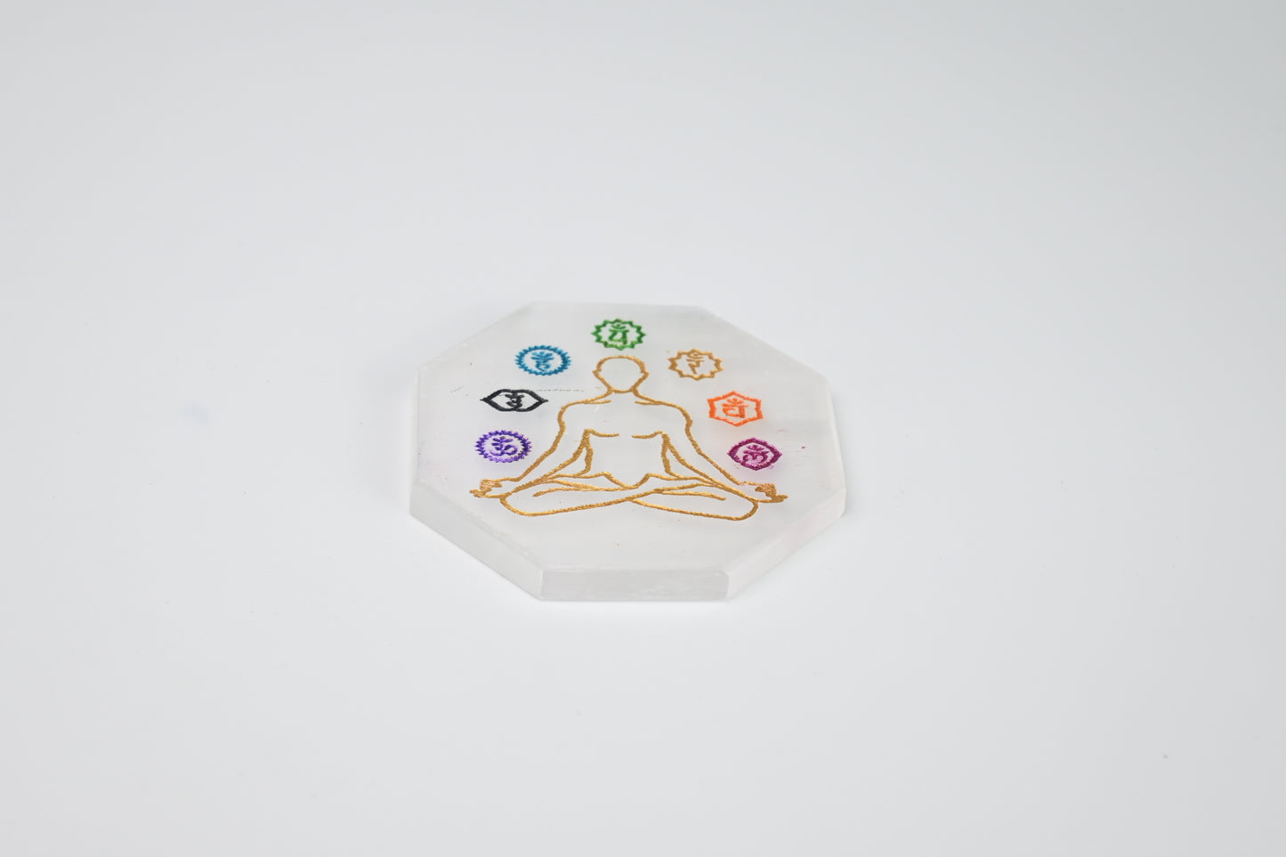 Vrishta Selenite Charging Plate with 7 Chakra Symbols