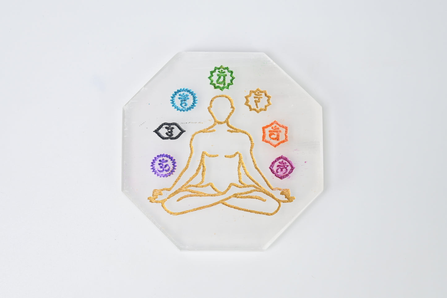 Vrishta Selenite Charging Plate with 7 Chakra Symbols
