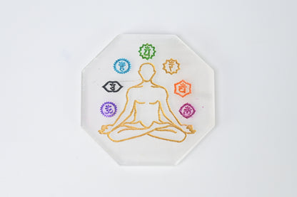 Vrishta Selenite Charging Plate with 7 Chakra Symbols