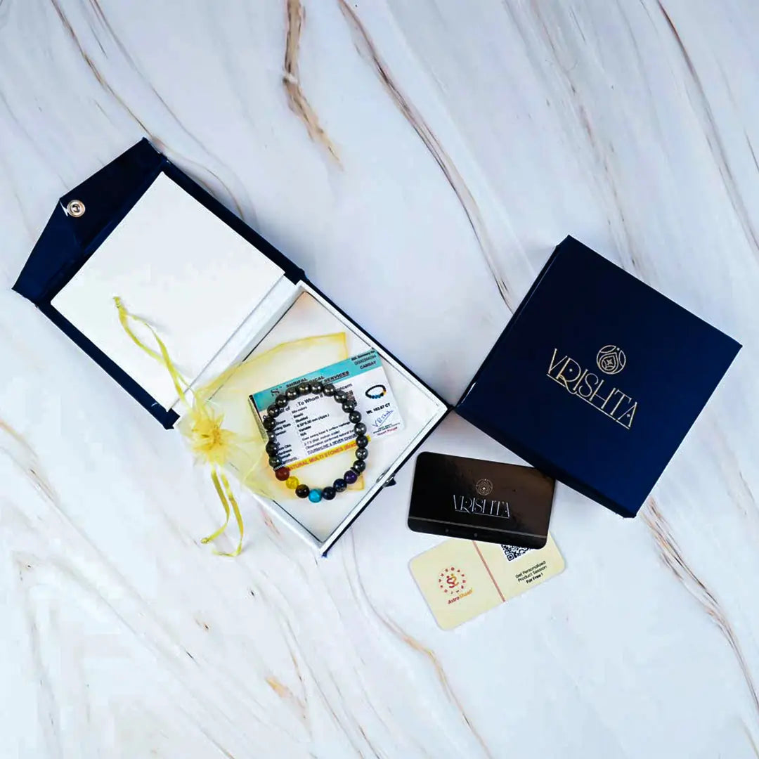 7 Chakra -Pyrite  Bracelet  in Vrishta premium Kappa box with stone certificate and thank you card