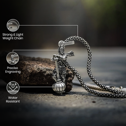 Vrishta Hanuman Ji With Gada Sterling Silver Coated Chain Pendant