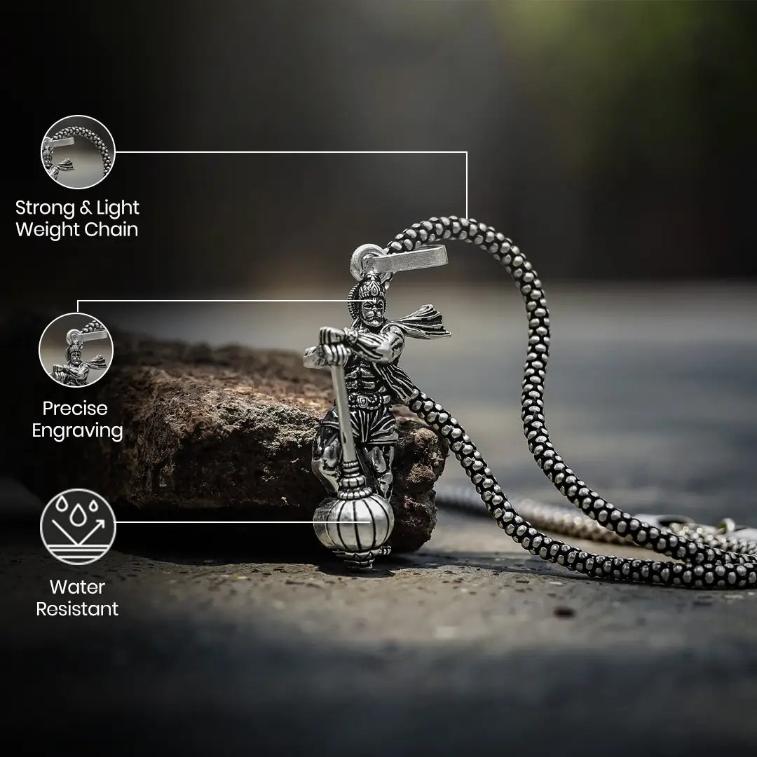 Vrishta Hanuman Ji With Gada Sterling Silver Coated Chain Pendant with intricate detailing