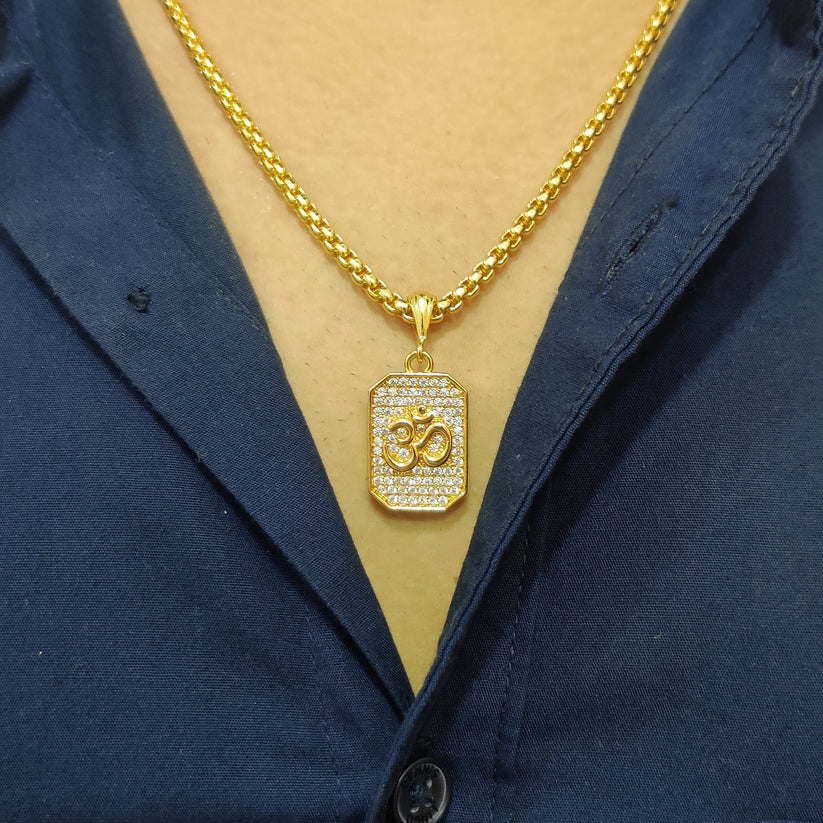 Vrishta Rectangular Gold-Plated OM Pendant – Elegant Spiritual Jewelry for Men and Women